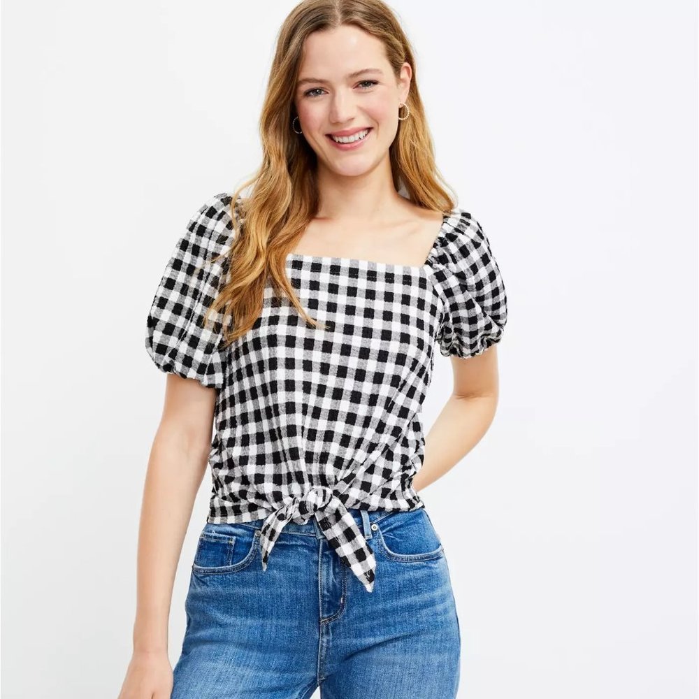 LOFT Ann Taylor GINGHAM Square Neck Tie Front Black White Top NWT